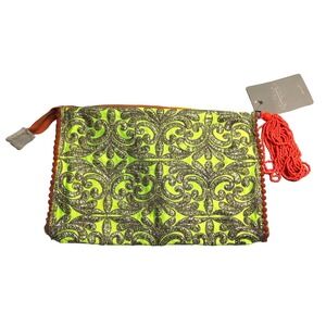 Anthropologie Clutch NWT Jasper & Jeera Metallic Brocade Beaded Tassel Neon